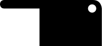 A simple black silhouette of a rectangular cutting board with a handle on the right and a small round hole near the top right corner. The left side of the image is white, contrasting with the black board.