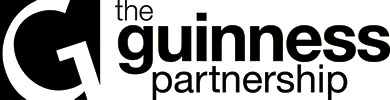 Logo of The Guinness Partnership featuring a large stylized G on the left, with the words the guinness partnership in bold, black letters to the right on a light background.
